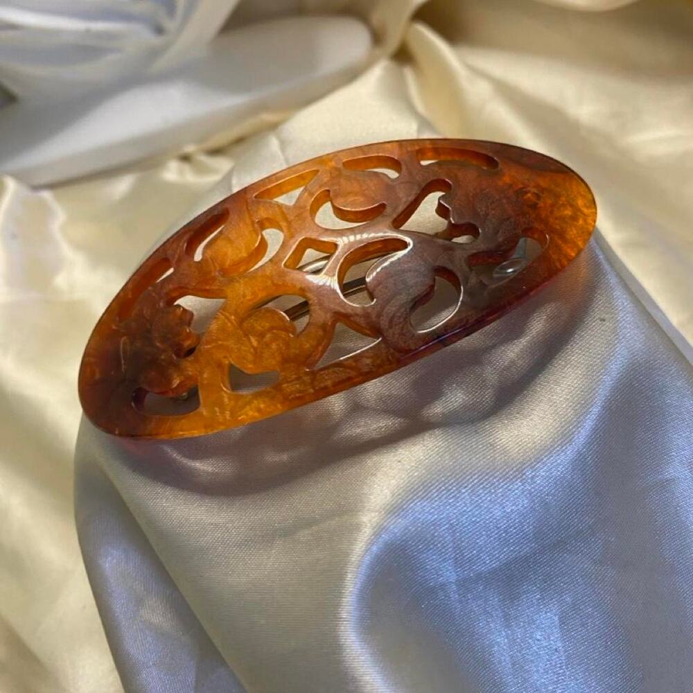 Vintage Cellulose Acetate Amber Tortoiseshell Floral Barrette 3.5” Hair Clip